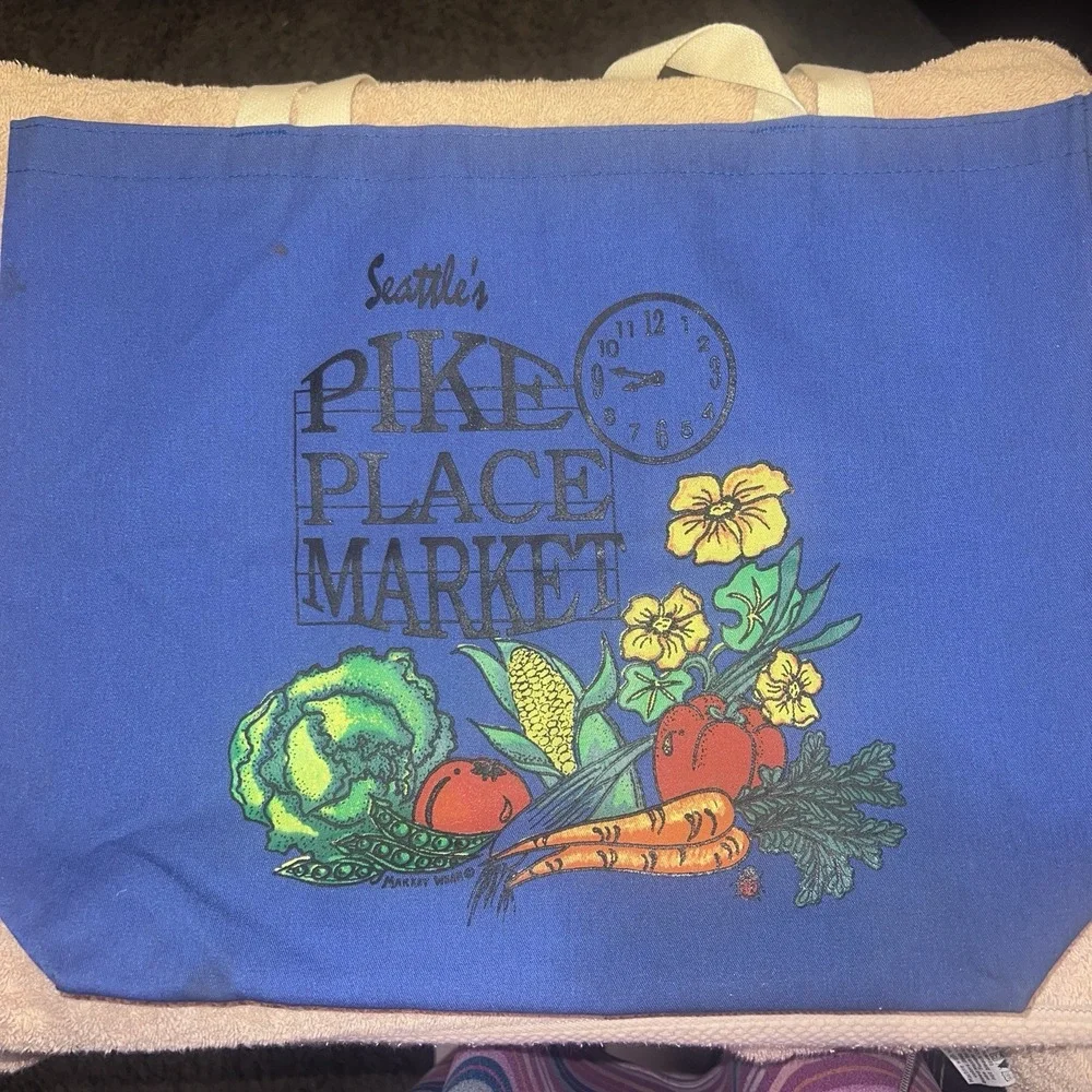 Seattle Pike Place Market Blue Canvas Shopping Tote Bag Y2K Great Condition